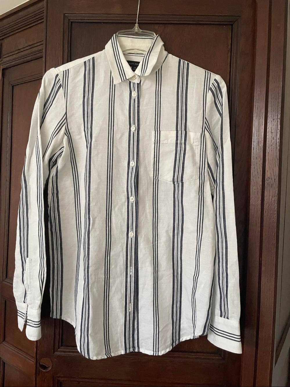 Banana Republic Cotton/Linen Button Down Shirt Top Navy/White Stripe nwot